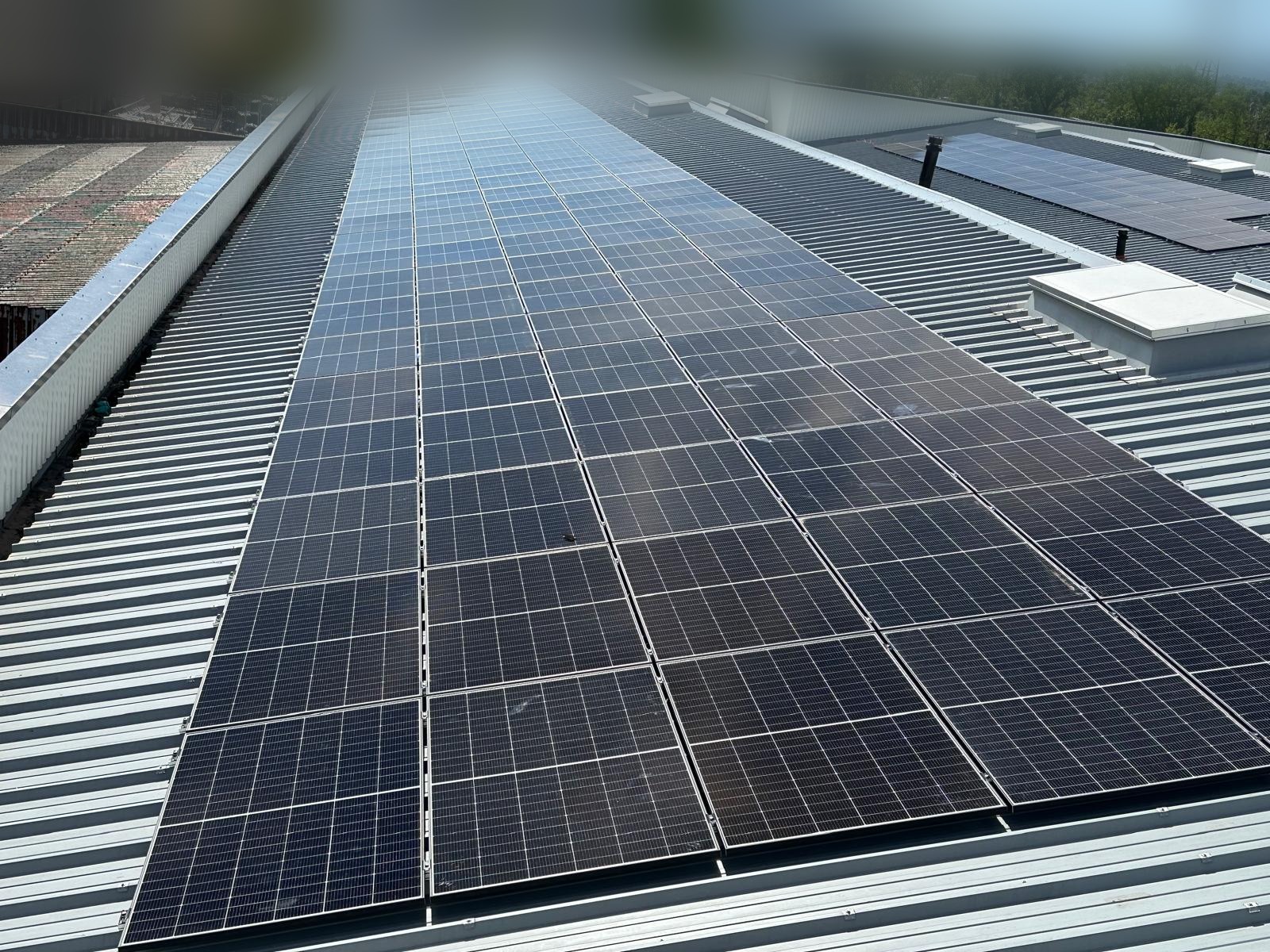 Toiture plate d'un entrepôt automobile couverte de panneaux photovoltaïques
